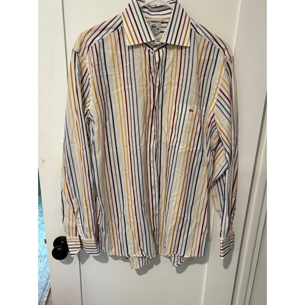Lacoste Mens Multi Color Vertical Stripe Cotton Button Down Shirt Size 40